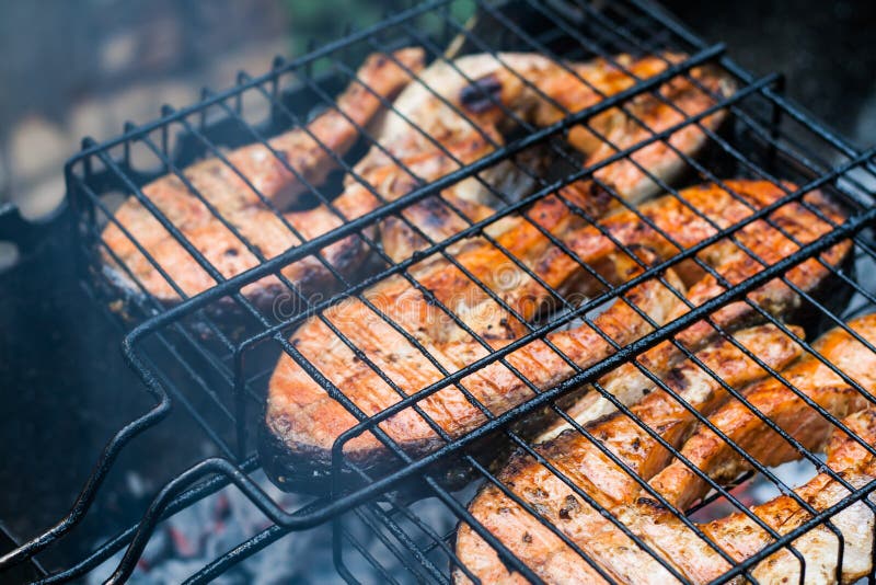 Salmon Steaks on a Lattice Barbecue Grill Stock Image Image of focus