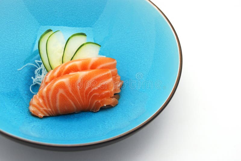 Salmon sushi in blue bowl