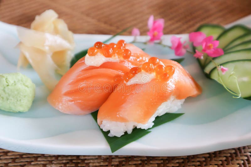 Salmon Sushi ,sushi or Rice Topped with Salmon or Salmon Roll Stock