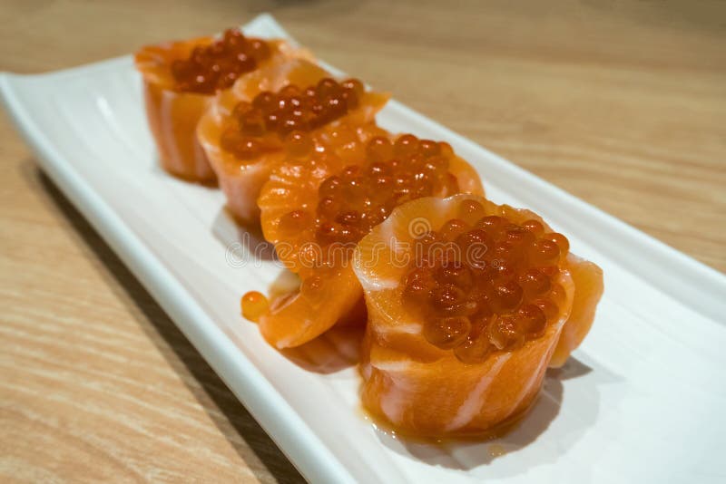 Salmon Sushi Roll with Fish Egg Roe Stock Image Image of fresh