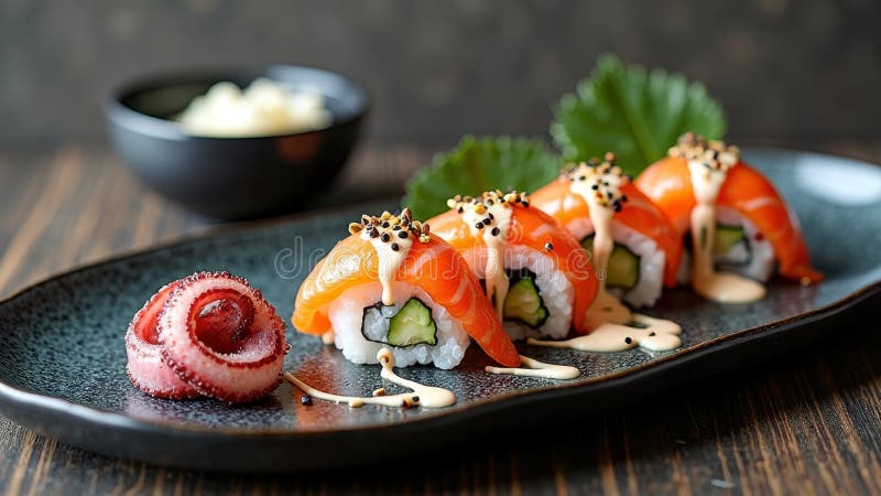 Salmon sushi rolls on plate with octopus garnish and sauce drizzle. That the image is generated using AI.
