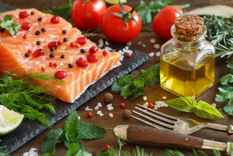 Salmon with Vegetables, Olive Oil and Herbs Stock Image Image of food