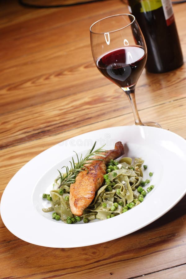 Salmon with wild garlic pasta