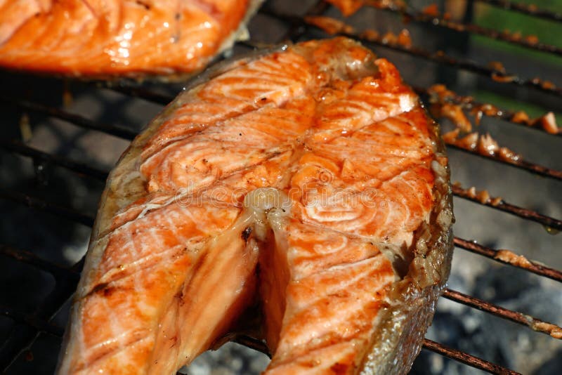 Salmon гриль барбекю стейка рыб варя близко вверх стоковые изображения Salmon гриль барбекю стейка рыб варя близко вверх стоковые изображения