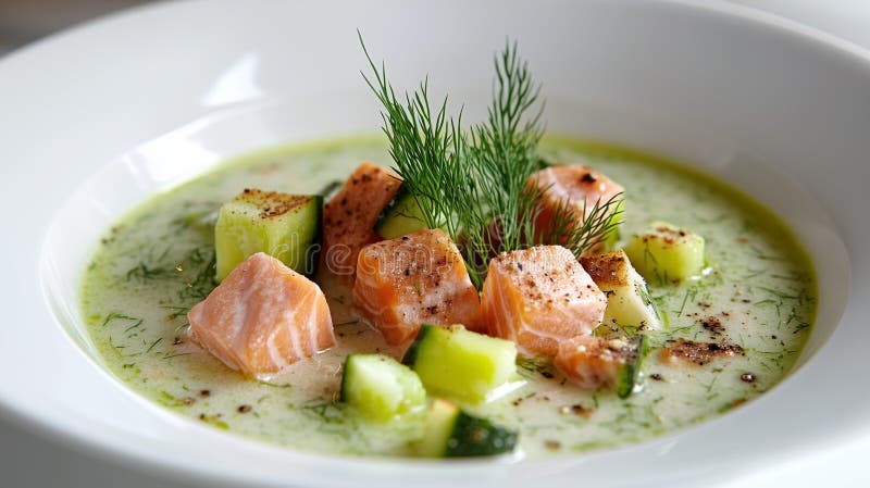 Salmone finlandese verde fresco con Cucumber e Dill in Simple White Bowl creato con strumenti generali AI royalty illustrazione gratis