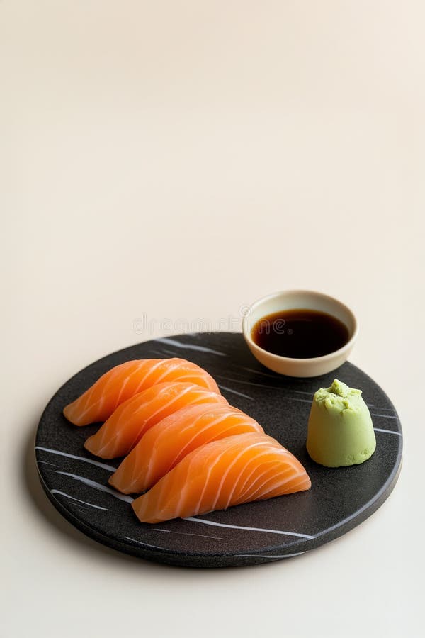 Salmone fresco sashimi con salsa di soia e wasabi sulla piastra nera illustrazione vettoriale