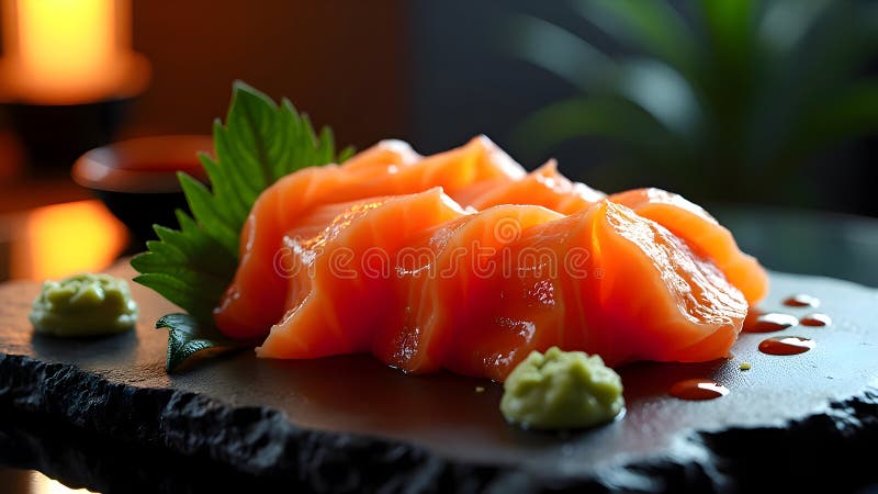 Salmone giapponese sashimi sulla piastra di ceramica composizione orizzontale illustrazione vettoriale