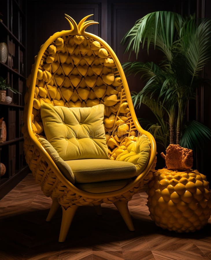 Salon avec canapé vert et jaune en forme d'ananas. ai généré.
