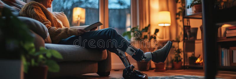 Salon confortable avec une personne engagée à lire en utilisant la jambe prothétique dans la lumière chaude du soir photo stock