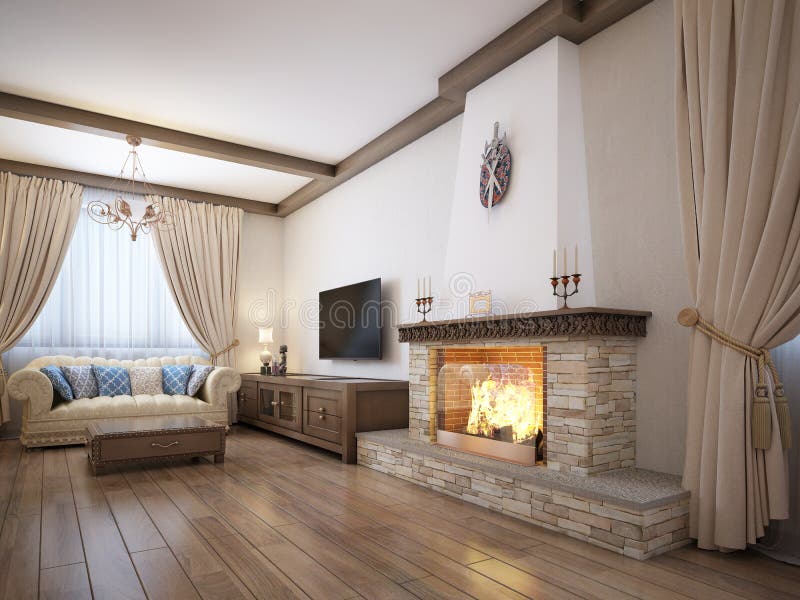 Salon dans un style rustique avec des meubles mous et une grande cheminée avec les éléments classiques illustration stock Salon dans un style rustique avec des meubles mous et une grande cheminée avec les éléments classiques illustration stock