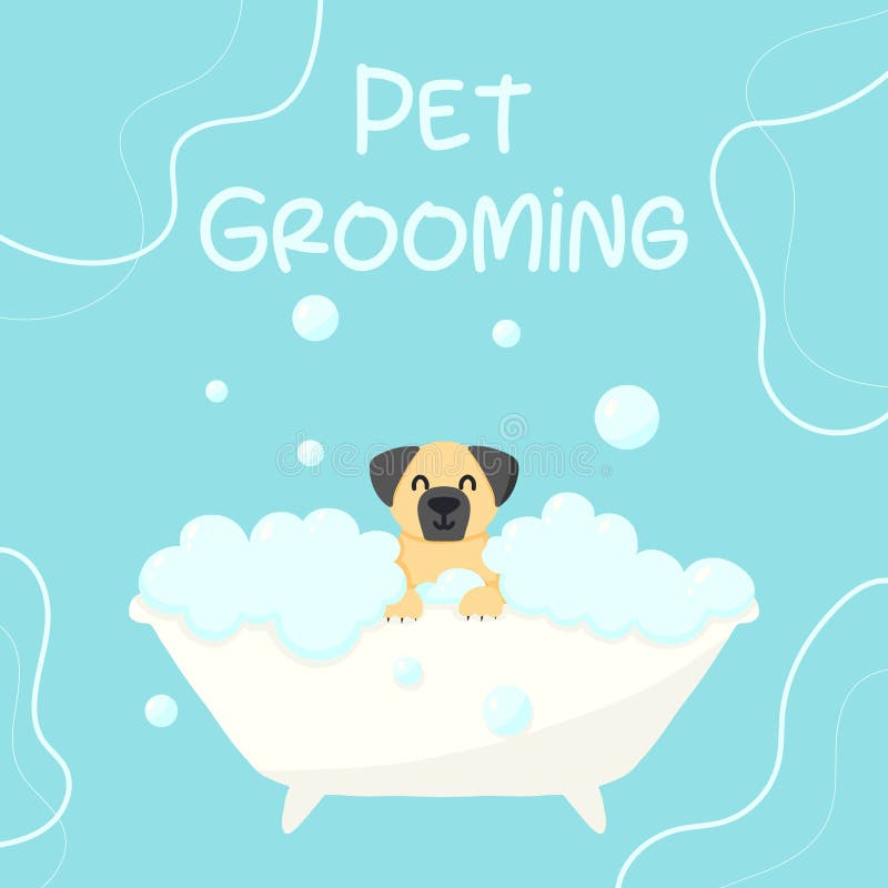 Salon de toilettage. bannière du salon de toilettage. mignon chien dans un bain à bulle. soin des animaux. illustration vectorielle dans le style dessin animé.
