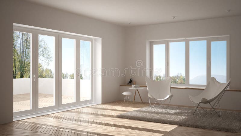 Salon minimal blanc avec le tapis de fauteuil, le plancher de parquet et la fenêtre panoramique, architecture scandinave, intérie photo libre de droits