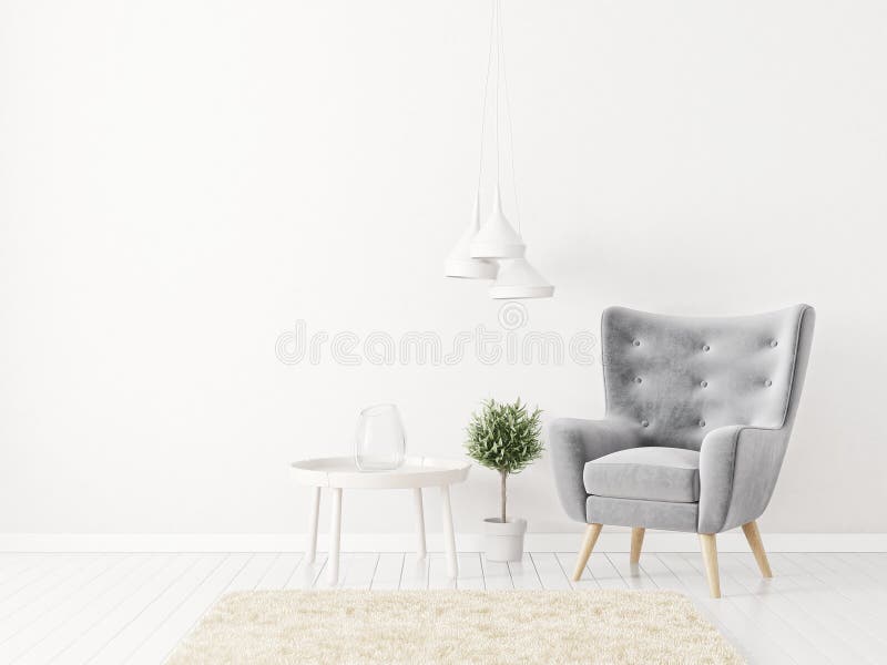 Salon moderne avec le fauteuil et la lampe gris meubles scandinaves de conception intérieure