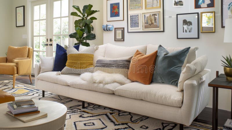 This image showcases a beautifully decorated modern living room, featuring a beige sofa adorned with colorful pillows, must have armchairs in a golden hue, and an array of eclectic wall art. The natural light from the doors enhances the vibrant, welcoming atmosphere. AI generated. This image showcases a beautifully decorated modern living room, featuring a beige sofa adorned with colorful pillows, must have armchairs in a golden hue, and an array of eclectic wall art. The natural light from the doors enhances the vibrant, welcoming atmosphere. AI generated
