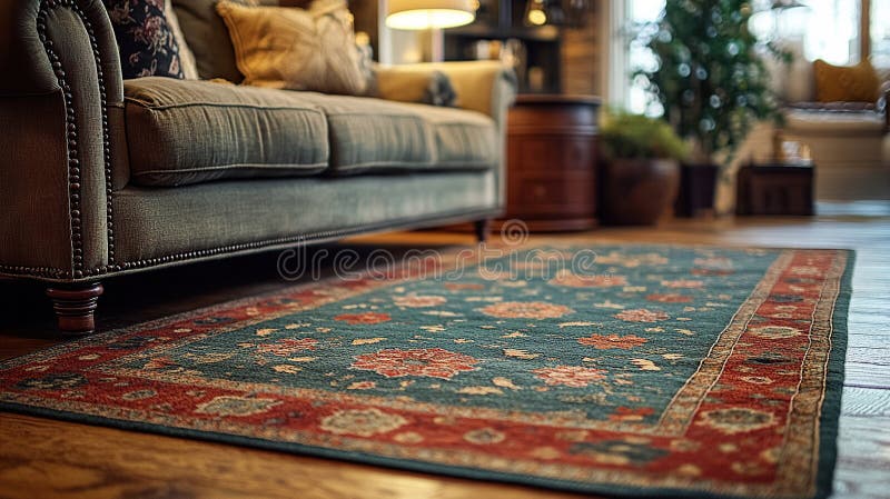 Salon rustique avec canapé moelleux et tapis complexe illustration libre de droits