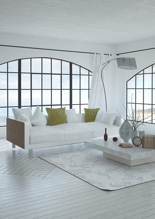 Salone bianco spazioso con le grandi finestre immagini stock libere da diritti