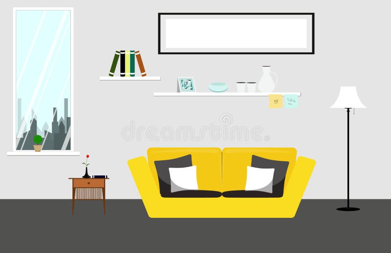 Salone con la mobilia gialla del sofà Illustrazione del salone nella forma piana royalty illustrazione gratis Salone con la mobilia gialla del sofà Illustrazione del salone nella forma piana royalty illustrazione gratis