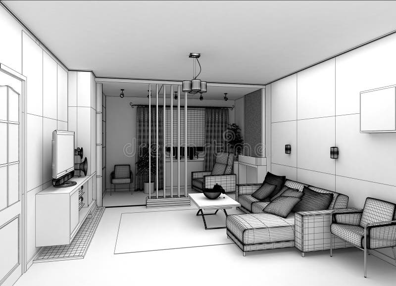 Download Salone Con La Vista Del Paesaggio, Interno 3D Illustrazione di Stock - Illustrazione di moderno, cuscino: 56891348