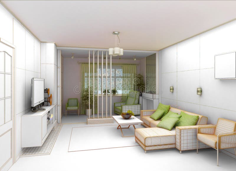 Download Salone Con La Vista Del Paesaggio, Interno 3D Fotografia Stock - Immagine di strato, contemporaneo: 56891638