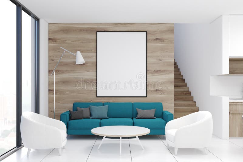 Salone di legno, sofà blu, manifesto royalty illustrazione gratis Salone di legno, sofà blu, manifesto royalty illustrazione gratis