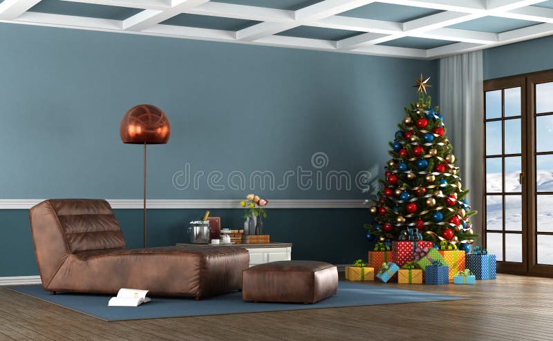 Salone di una casa della montagna con l'albero di Natale fotografia stock libera da diritti Salone di una casa della montagna con l'albero di Natale fotografia stock libera da diritti