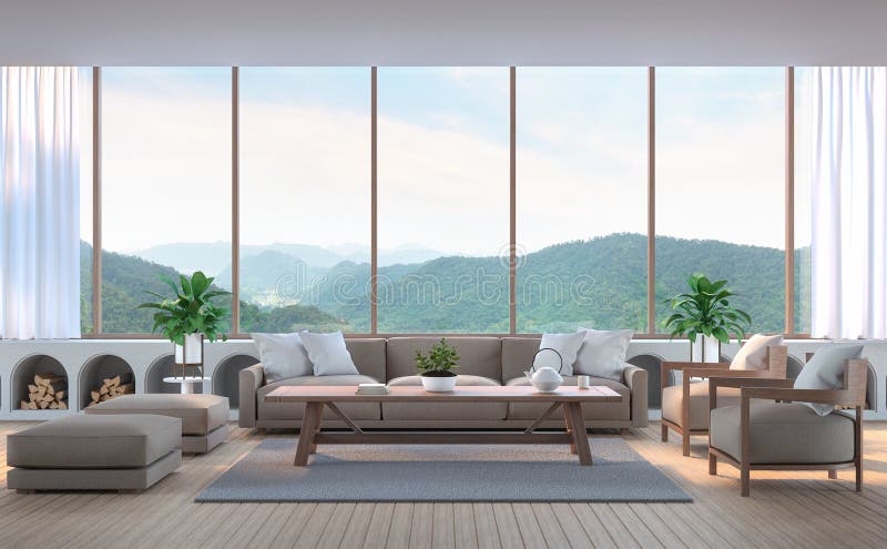 Salone moderno con l'immagine della rappresentazione di Mountain View 3d immagine stock
