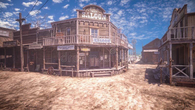 Empty Dirt Street In An Old Western Town With Various Wooden