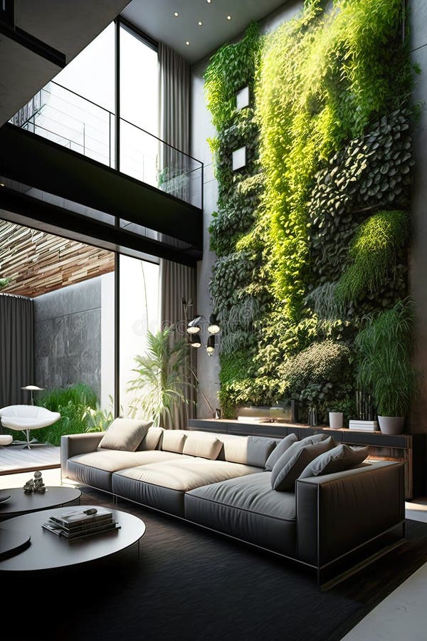 Salotto con orti verticali in aria generativa per interni di lusso duplex illustrazione di stock