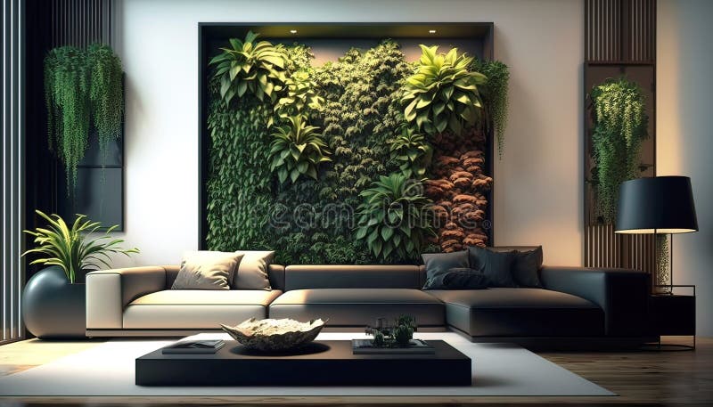 Salotto con orti verticali negli interni di lusso illustrazione vettoriale