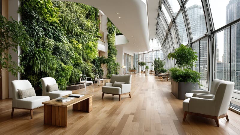 Salotto d'ufficio moderno con vetri verticali interni e panoramici che sovrastano il paesaggio urbano royalty illustrazione gratis