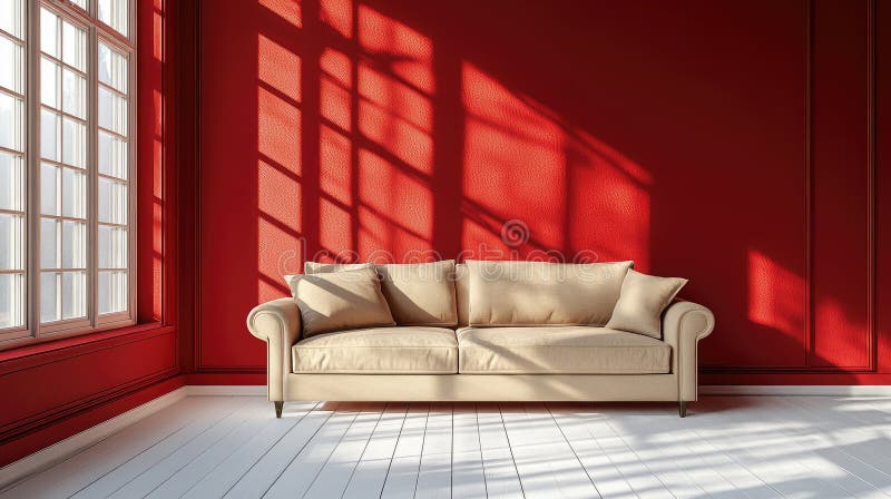 Salotto di stoffa beige vuoto su fondo di muro rosso royalty illustrazione gratis