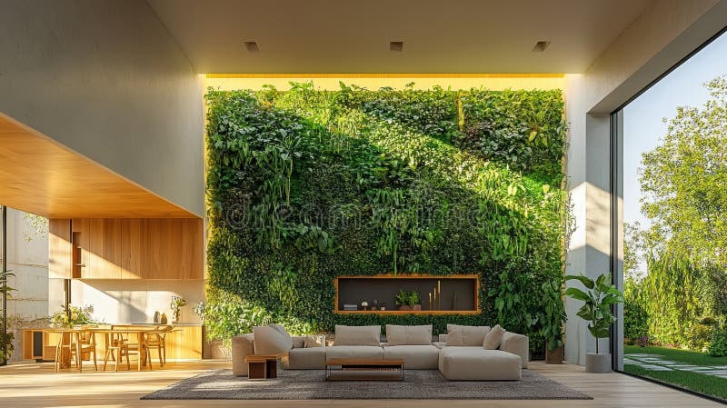 Salotto moderno con giardino verticale e vetrine di grandi dimensioni per interni moderni con luce naturale illustrazione di stock