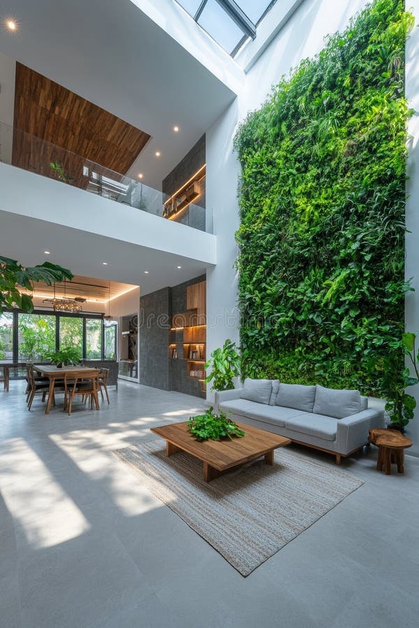 Salotto moderno con muro verticale e illuminazione naturale illustrazione di stock