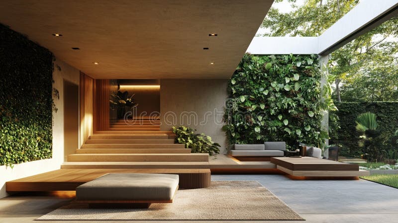 Salotto moderno minimalista con giardino verticale e scale di legno design lussuoso paesaggio royalty illustrazione gratis