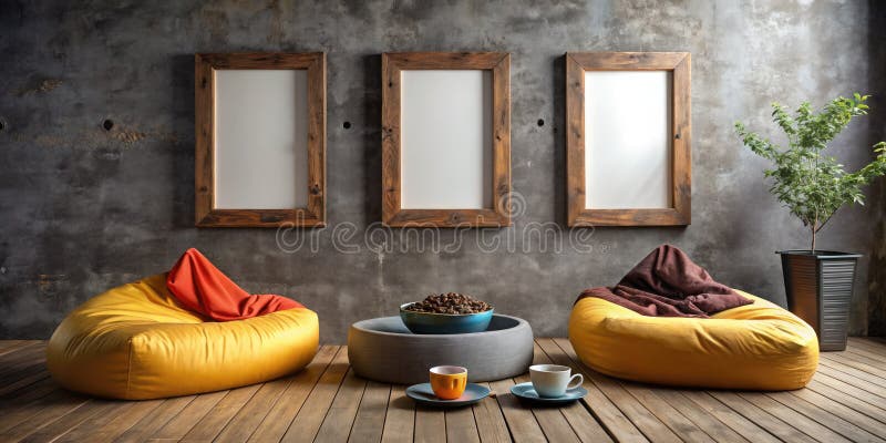 Salotto rustico accogliente con tela vuota intonaco sacchetti di fagiolo e tavoletta da caffè. Abbracciare il calore e l'atmosfera invitante di questo salotto stile di vita rustico. flussi di luce naturali nello spazio che illuminano un insieme curato di telai di tela in bianco esposti su una parete rustica. sacchetti di fagiolo e un semplice tavolino da caffè offrono posti confortevoli e un'estetica rilassata. l'approccio minimalista accentua la bellezza naturale della stanza, mostrando il potenziale di
