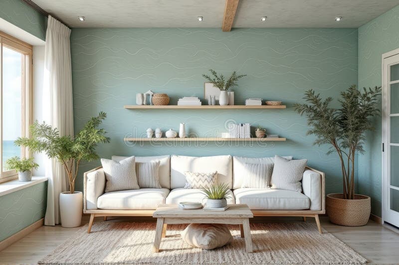 Salotto sereno con divano confortevoli e verde in un design moderno illuminato dal sole immagini stock libere da diritti