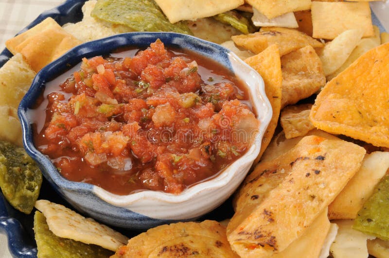 Salsa avec les puces de tortilla végétales image stock Salsa avec les puces de tortilla végétales image stock