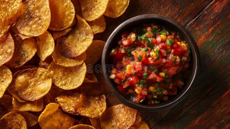 Salsa and chips on a wooden table. royalty free stock photography