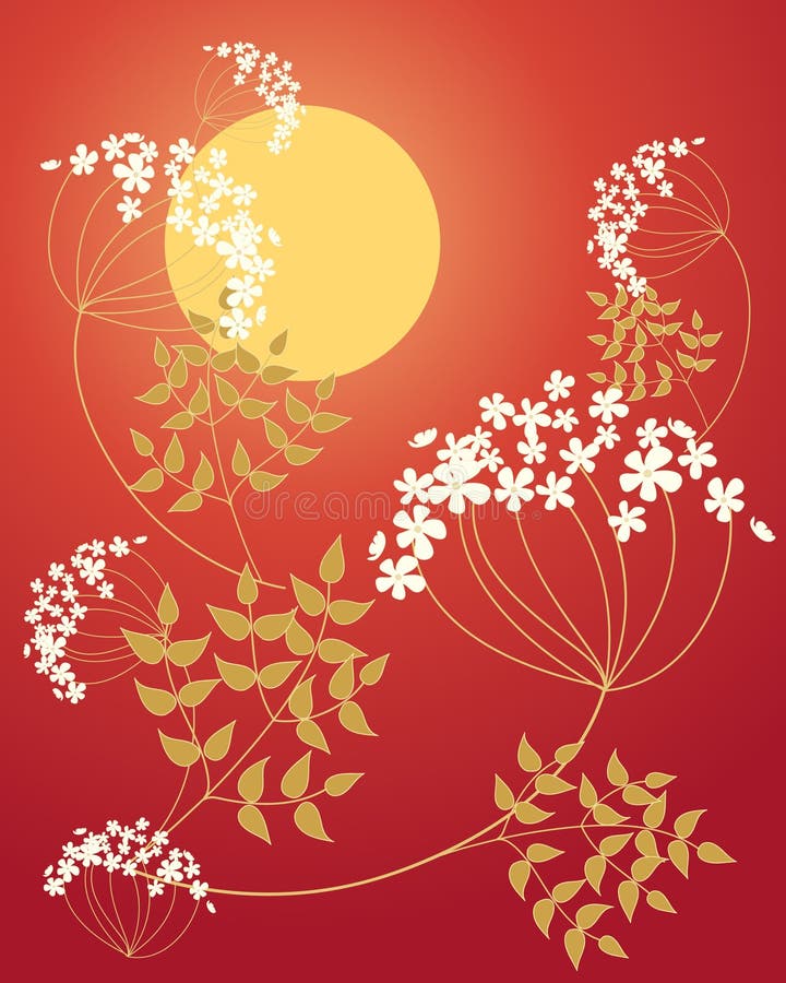 An illustration of stylized cow parsley flowers and foliage on a dark red background and a yellow summer sun. An illustration of stylized cow parsley flowers and foliage on a dark red background and a yellow summer sun