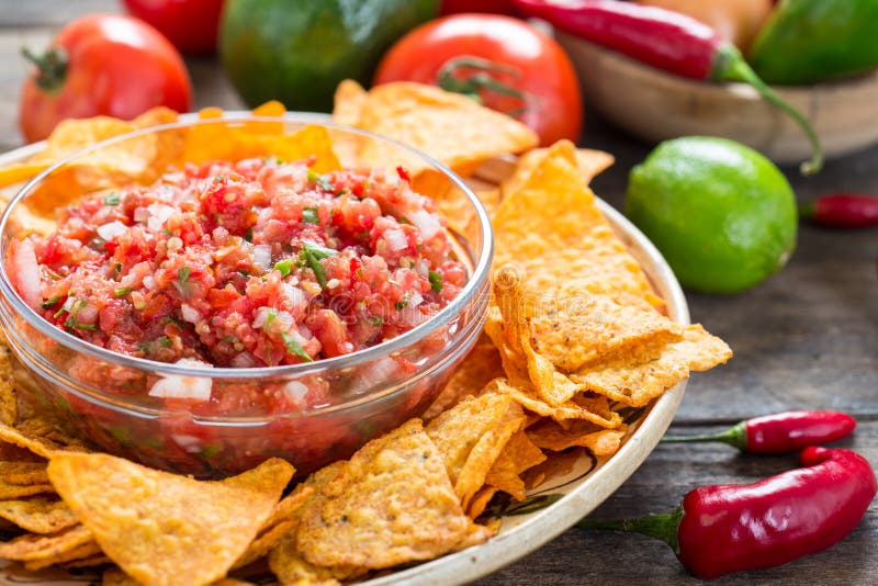 Salsa Dip with Tortilla Chip Stock Image - Image of spice, homemade ...