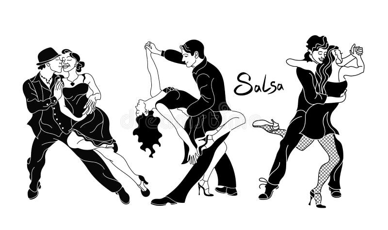Salsa party poster. Set of elegant couple dancing salsa.Retro style. Black Silhouettes of people dancing salsa and musicians
