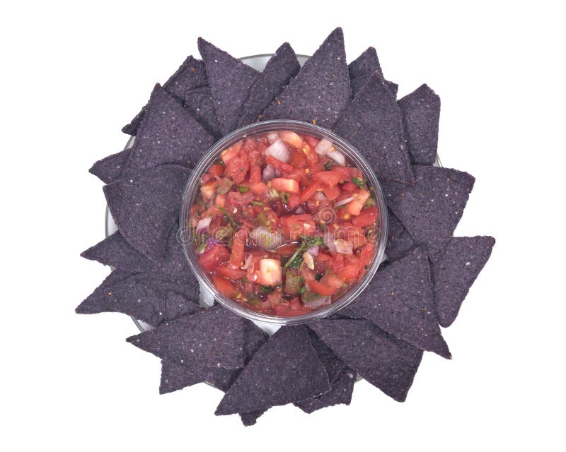 Salsa pico de Gallo y microprocesadores de tortilla azules de maíz imagen de archivo Salsa pico de Gallo y microprocesadores de tortilla azules de maíz imagen de archivo
