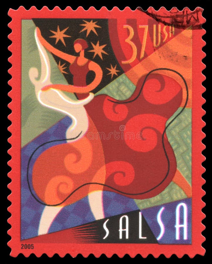 USA postage stamp of 2005 showing an abstract image of a couple dancing the Salsa. USA postage stamp of 2005 showing an abstract image of a couple dancing the Salsa