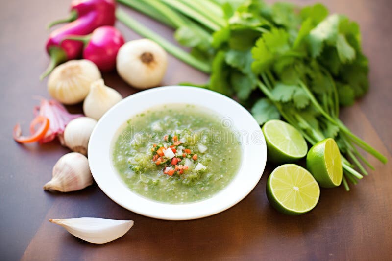Salsa Verde beside Whole Tomatillos and Chili Stock Photo Image of