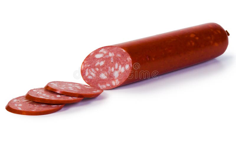 Salsiccia affumicata cucinata, isolata su bianco immagini stock libere da diritti Salsiccia affumicata cucinata, isolata su bianco immagini stock libere da diritti