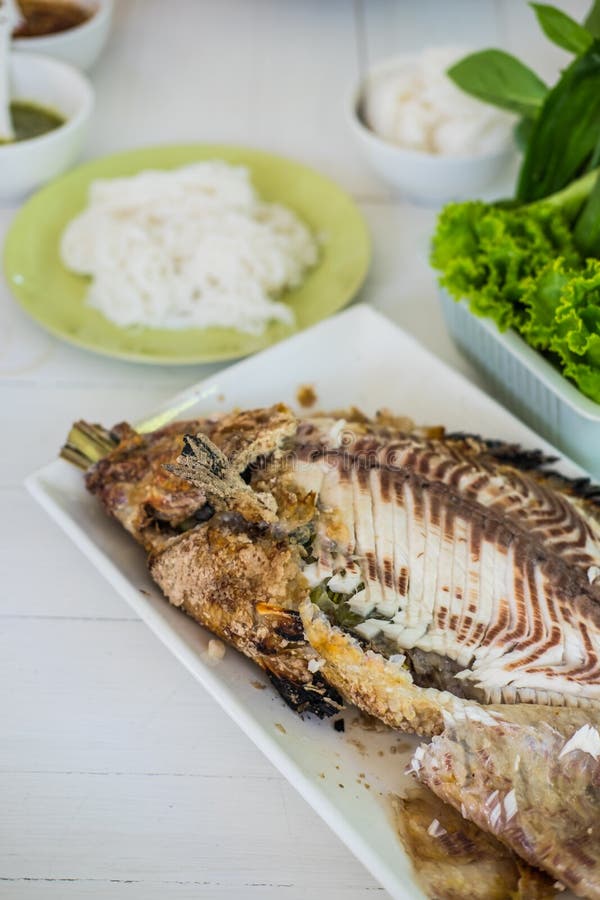 Salt Grilled Fish with Spicy Thai Dressing Salad Stock Photo Image of