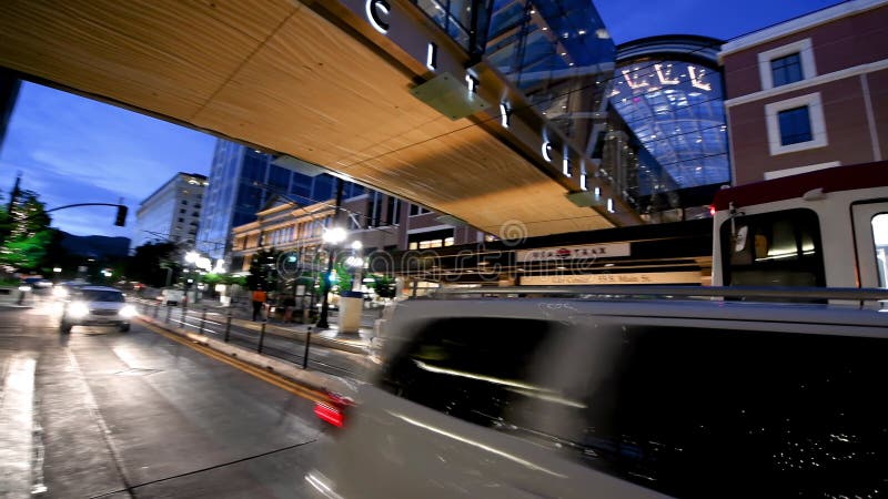 Salt Lake City - July 14, 2019: City traffic on a beautiful summer night in Downtown