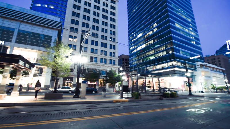 SALT LAKE CITY - JULY 14, 2019: City traffic on a beautiful summer night in Downtown