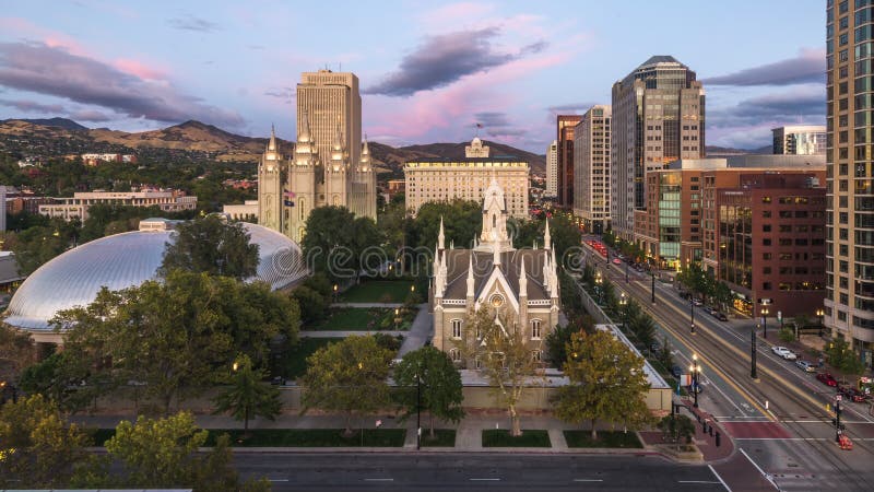 Salt Lake City, Utah, USA downtown cityscape over Temple Squar