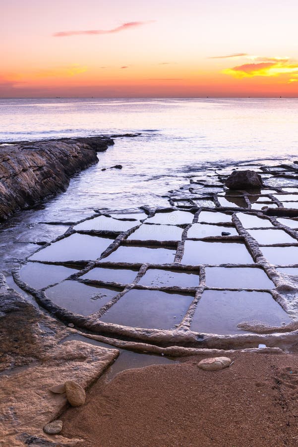 Salt Pans at Beach in Marsaskala, Malta at Sunrise Stock Image - Image